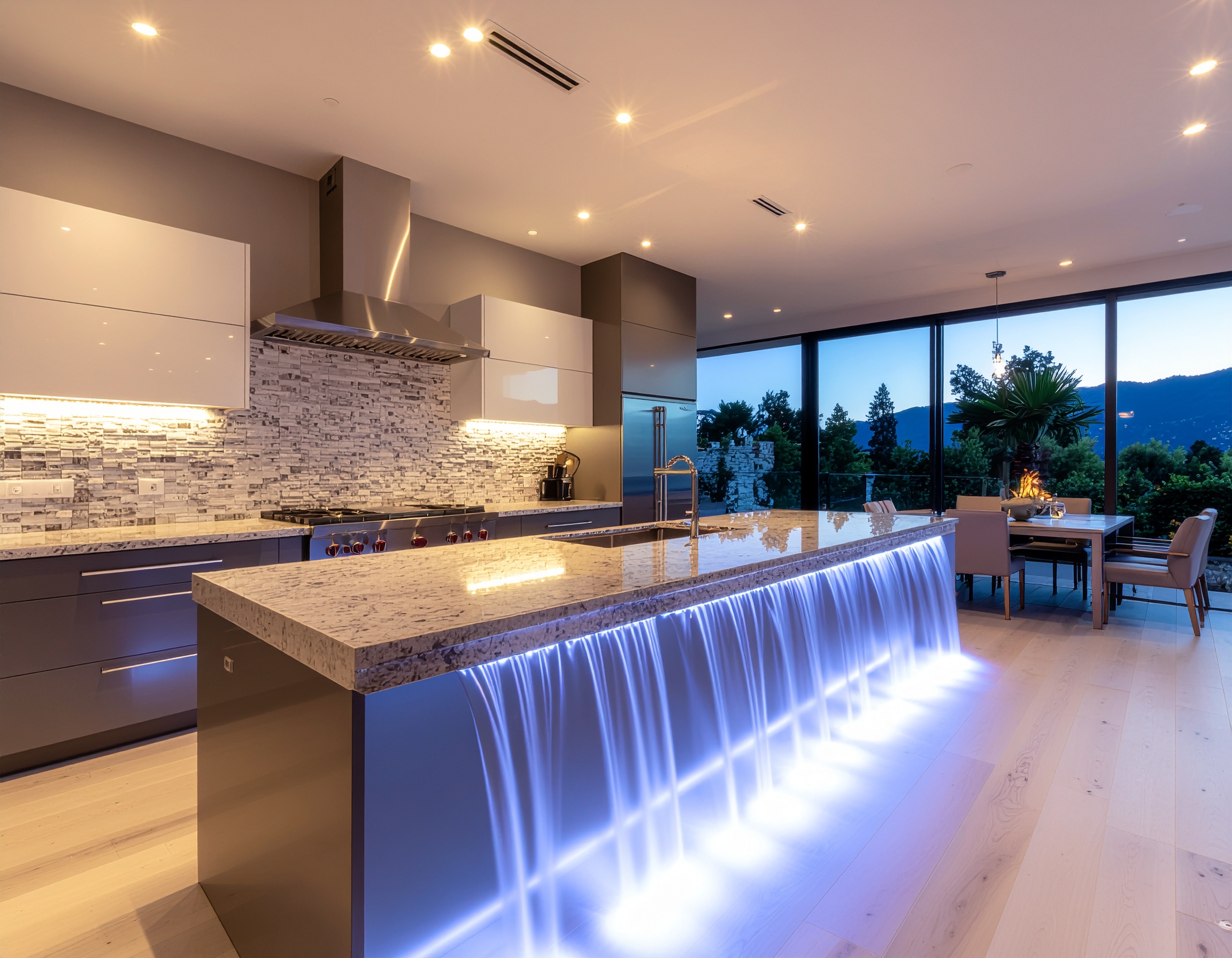 Cozinha moderna e espaçosa com ilha central de mármore iluminada por LEDs azuis, criando uma atmosfera futurista. O ambiente é bem iluminado com luzes embutidas no teto e grandes janelas que oferecem vista para uma paisagem montanhosa ao entardecer. A paleta de cores neutras, com tons de cinza e branco, combina com o mobiliário minimalista e sofisticado. O backsplash de azulejos cinza adiciona textura à parede, enquanto o piso de madeira clara complementa a decoração elegante.
